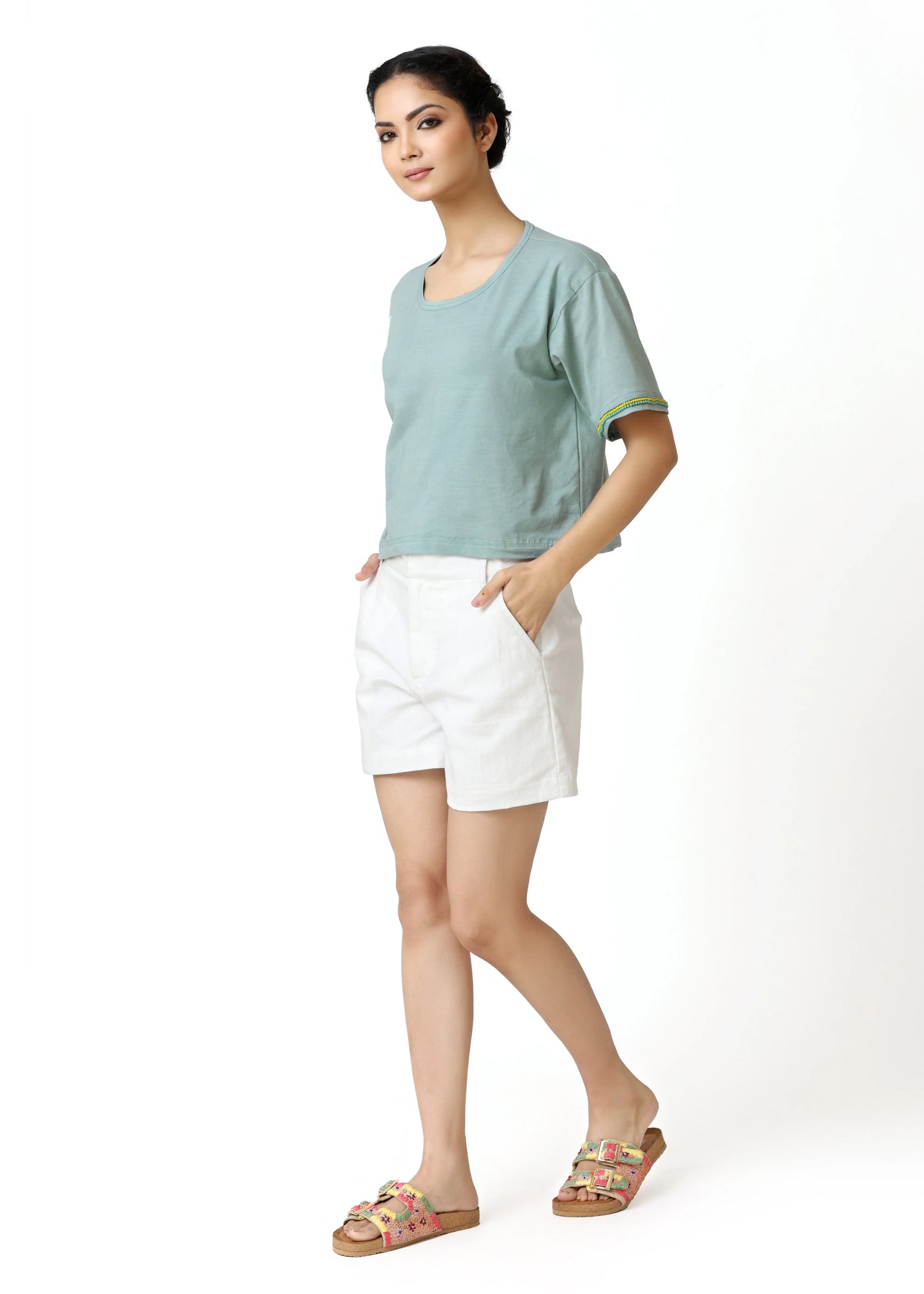 Sky blue crop tee-shirt HEART with round neckline, short sleeves, and relaxed fit styled with white shorts, embodying ALTER. - Tee-shirt HEART - S - ALTER EGO