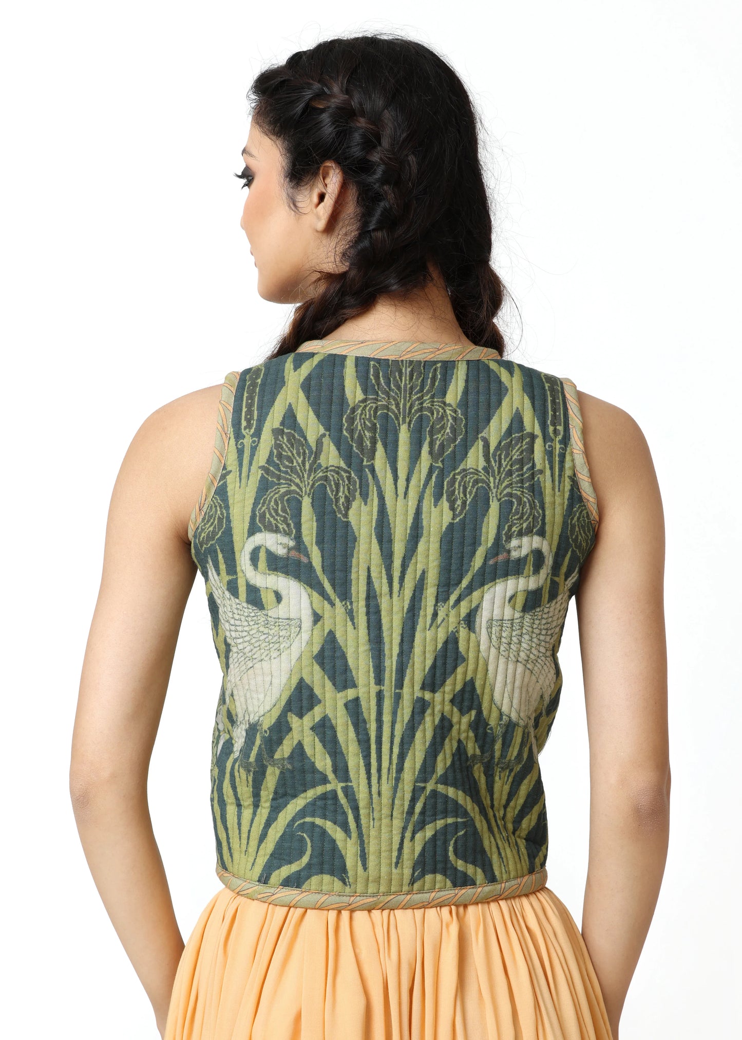 Sleeveless quilted gilet in muted green with elegant swan embroidery and botanical motifs, embodying ALTER EGO's refined. - Gilet SWAN - S - ALTER EGO