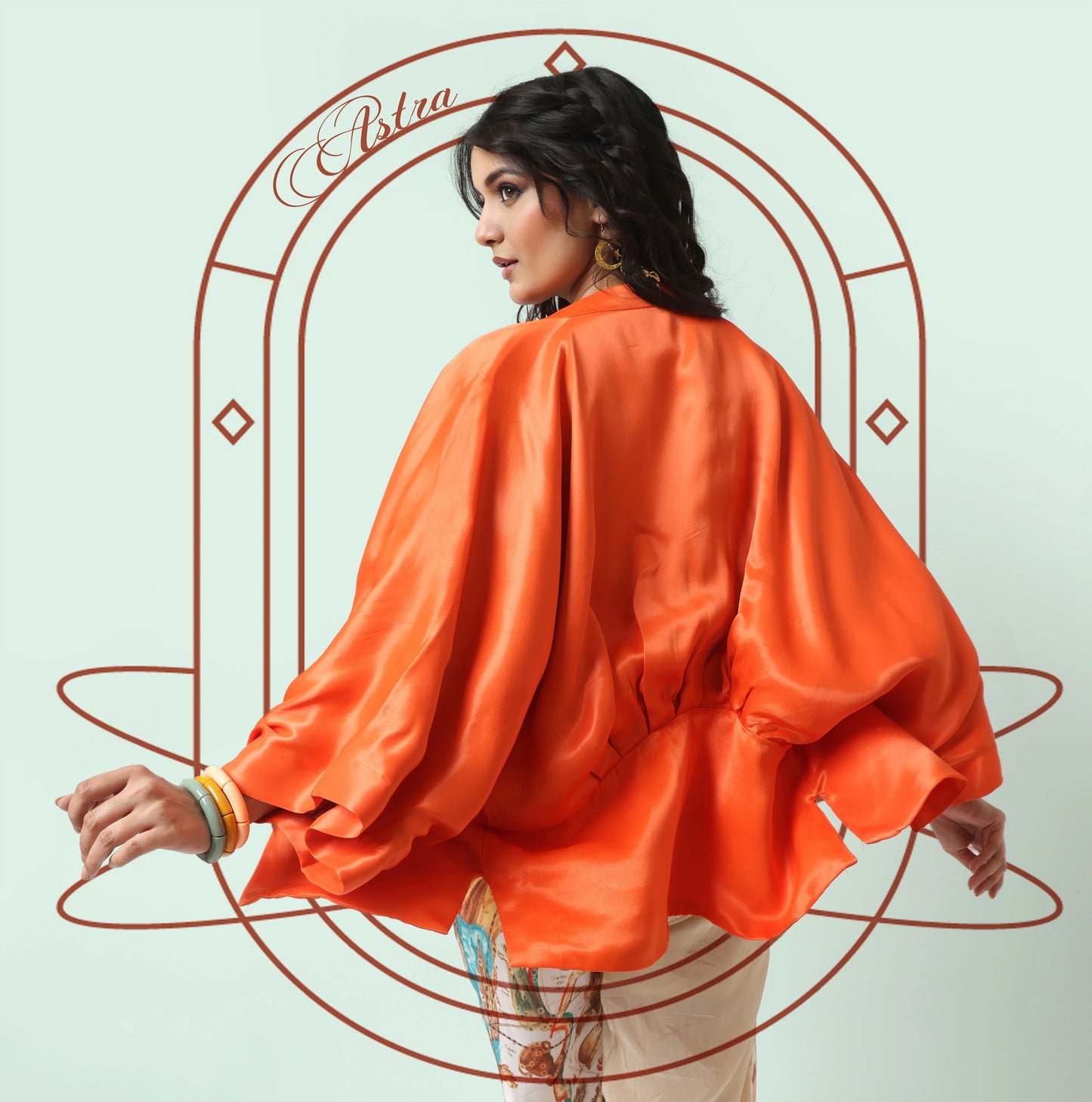 Kimono Astra in vibrant orange briqué with flowing 3/4 sleeves, elegant loose fit, representing ALTER EGO’s mode féminine. - Kimono ASTRA - S - ALTER EGO