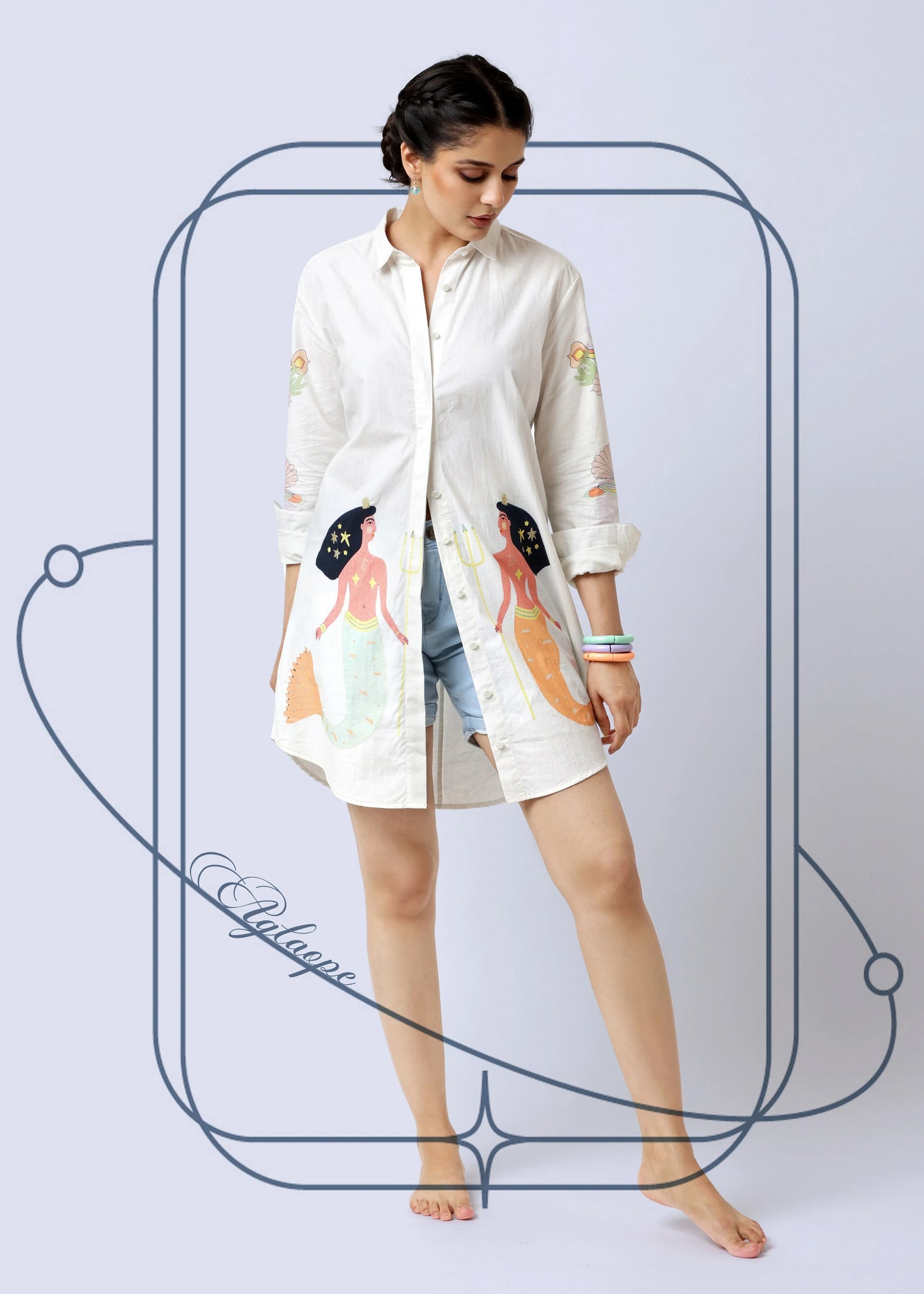 White long-sleeve chemise with colorful shell and mermaid prints, relaxed fit, delicate cotton fabric, embodying robe femme. - Chemise AGLAOPE - S - ALTER EGO