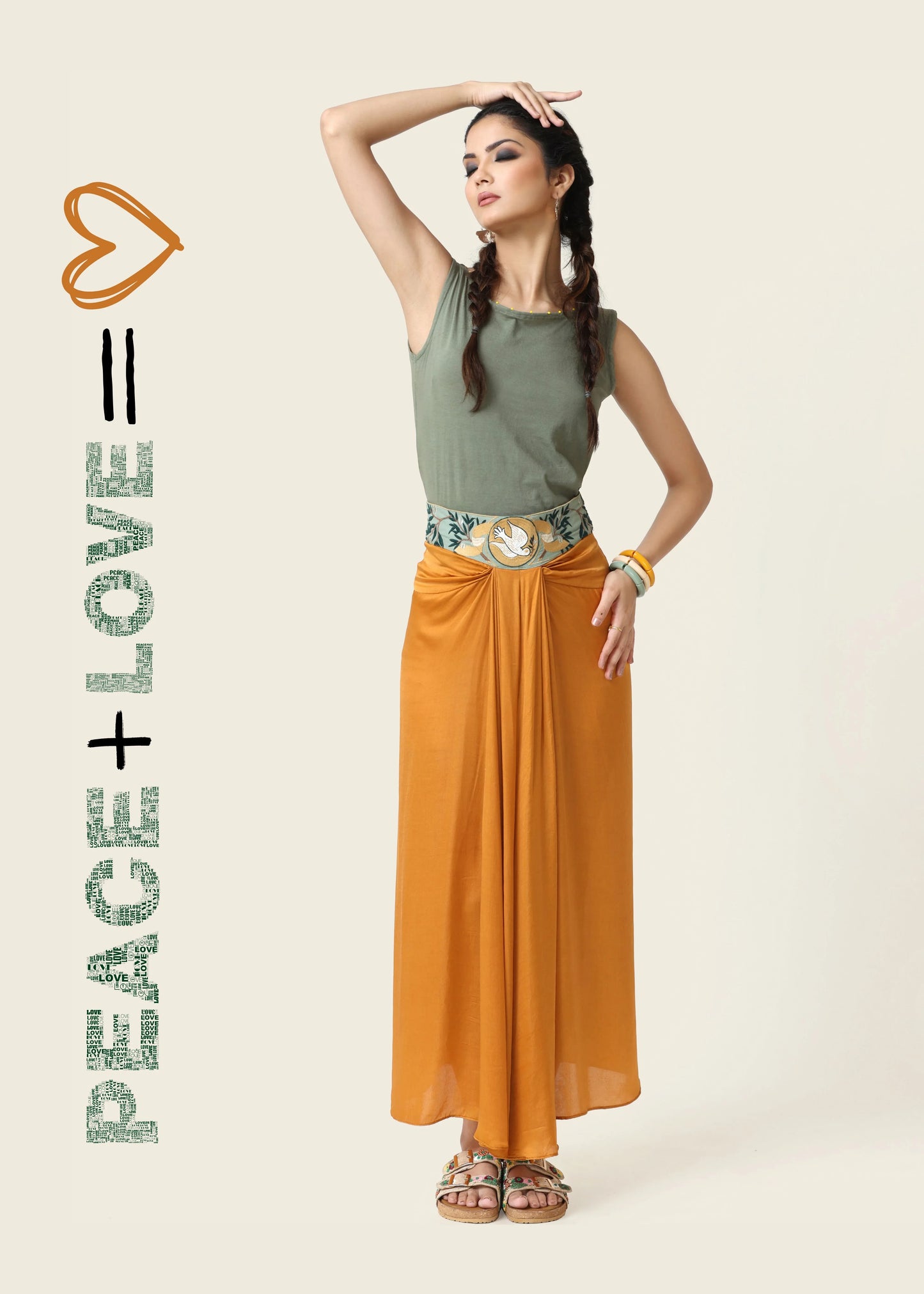 Elegant boho-style Jupe DOVE in flowing saffron silk with embroidered waistband, perfect for robe femme élégante and tenue. - Jupe DOVE - S - ALTER EGO