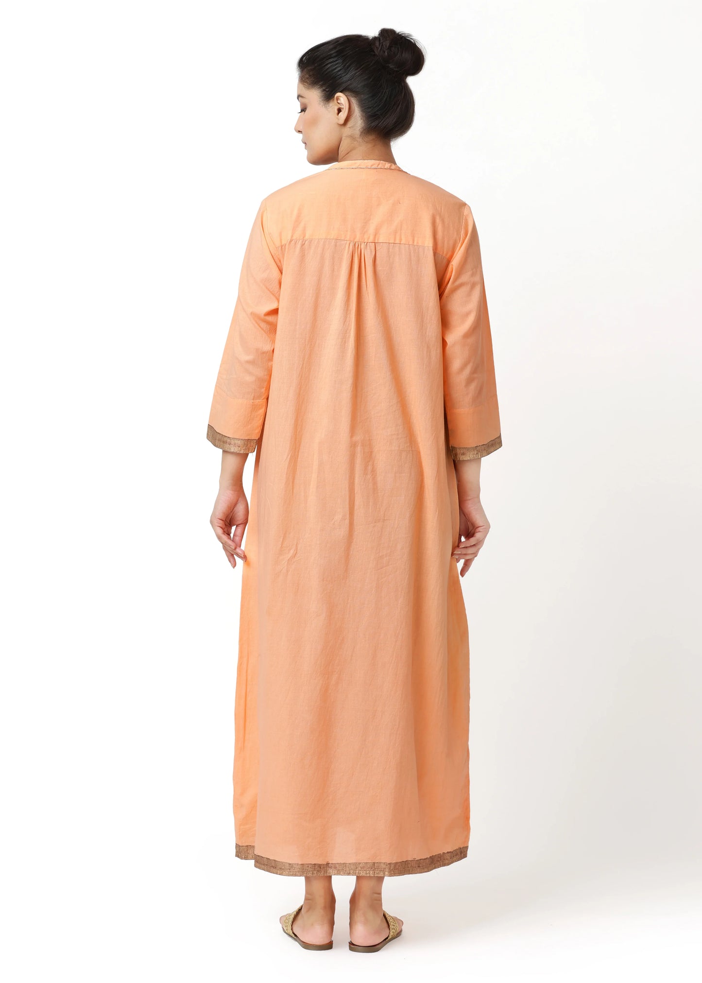 Long apricot robe femme élégante by ALTER EGO, featuring fluid fabric, long sleeves, and a refined boho style with. - Robe PLASTRON ABRICOT - S - ALTER EGO
