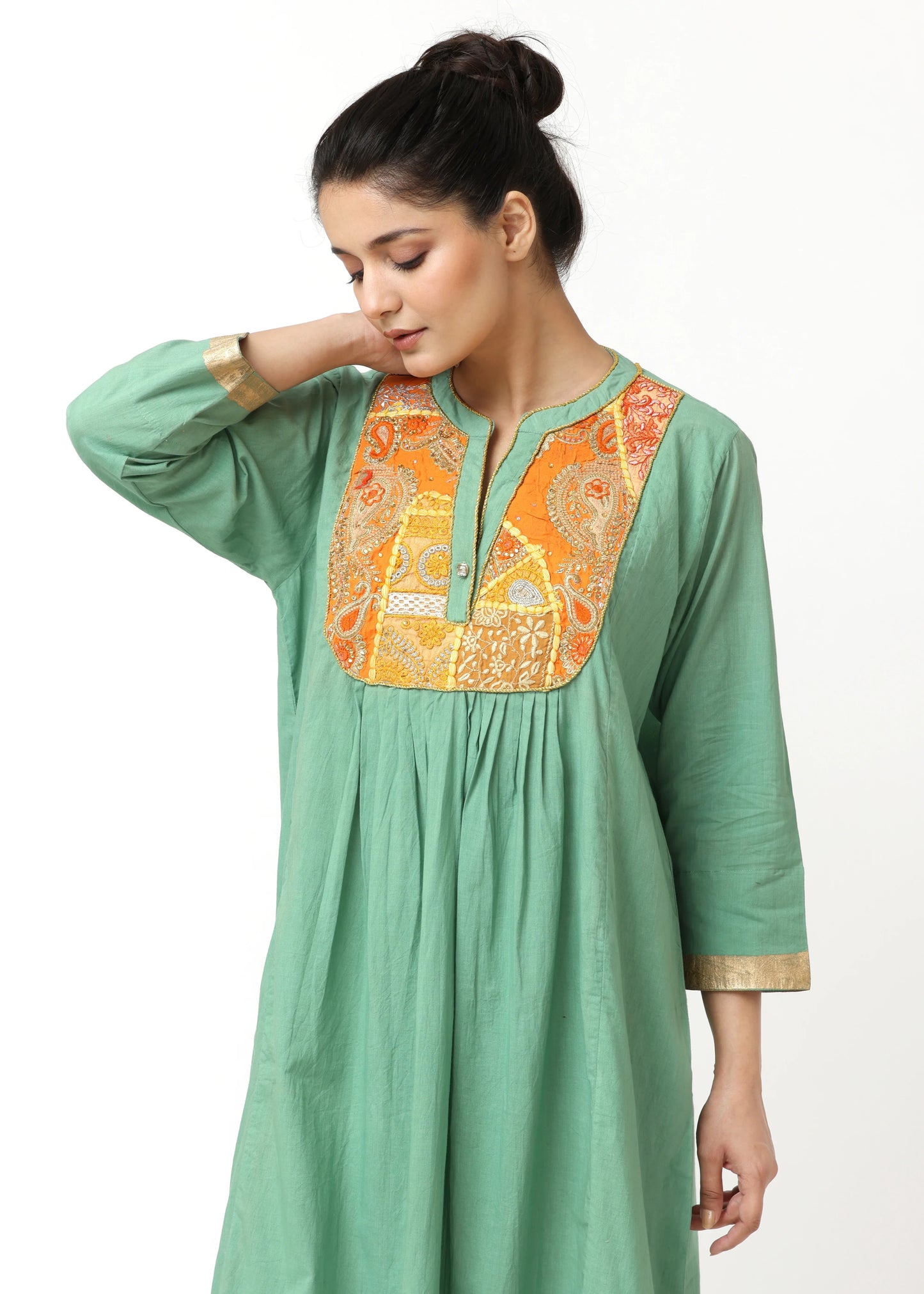 Sage green cotton robe femme élégante with embroidered orange plastron, three-quarter sleeves, relaxed fit, and gold trim,. - Robe PLASTRON SAUGE - S - ALTER EGO