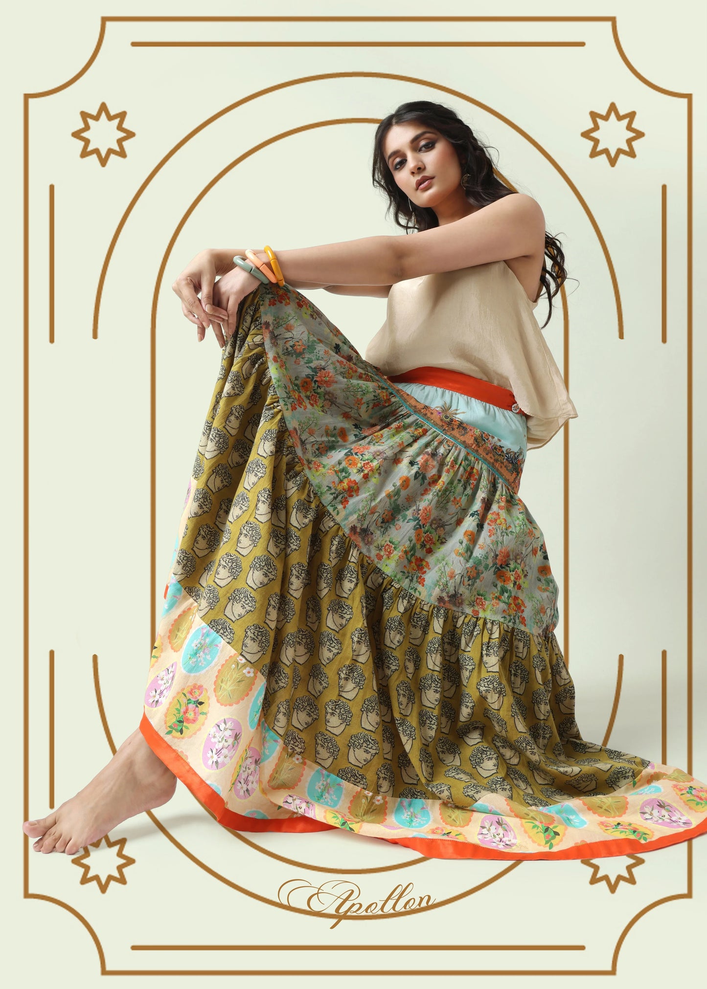 Multicolor bohemian floral print long skirt with tiered ruffles, styled by ALTER EGO for a tenue chic femme and robe femme. - Jupe APOLLON - S - ALTER EGO