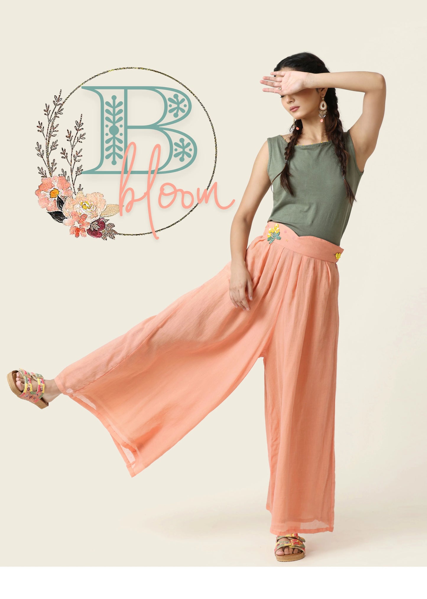 Coral wide-leg BLOOM pants with high waist and fluid fabric, styled for a tenue chic femme by ALTER EGO, embodying mode. - Pantalon BLOOM - S - ALTER EGO
