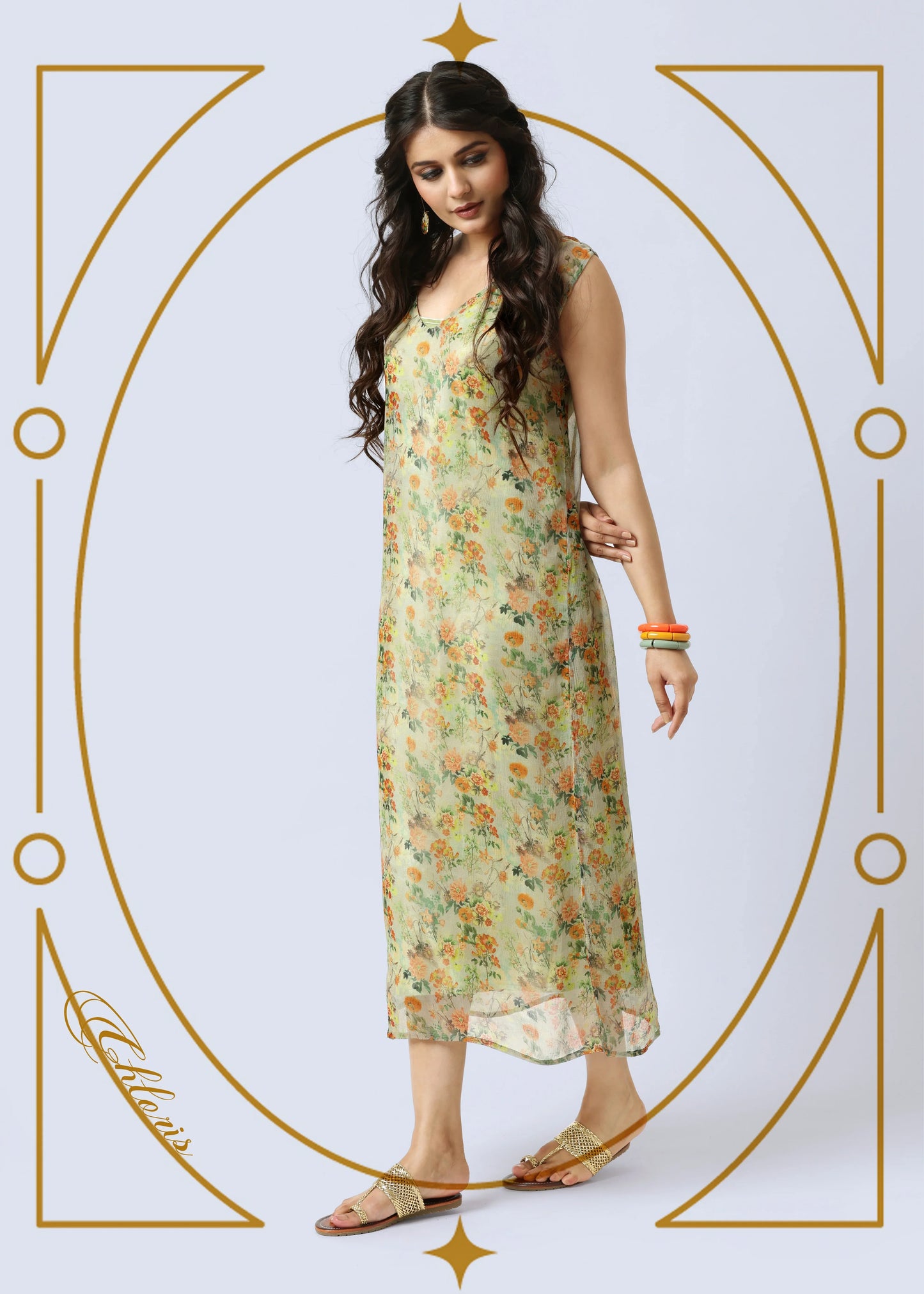 Multicolor floral print sleeveless crepe slip dress with V-neck, elegant robe femme élégante by ALTER EGO, style femme. - Robe CHLORIS - S - ALTER EGO