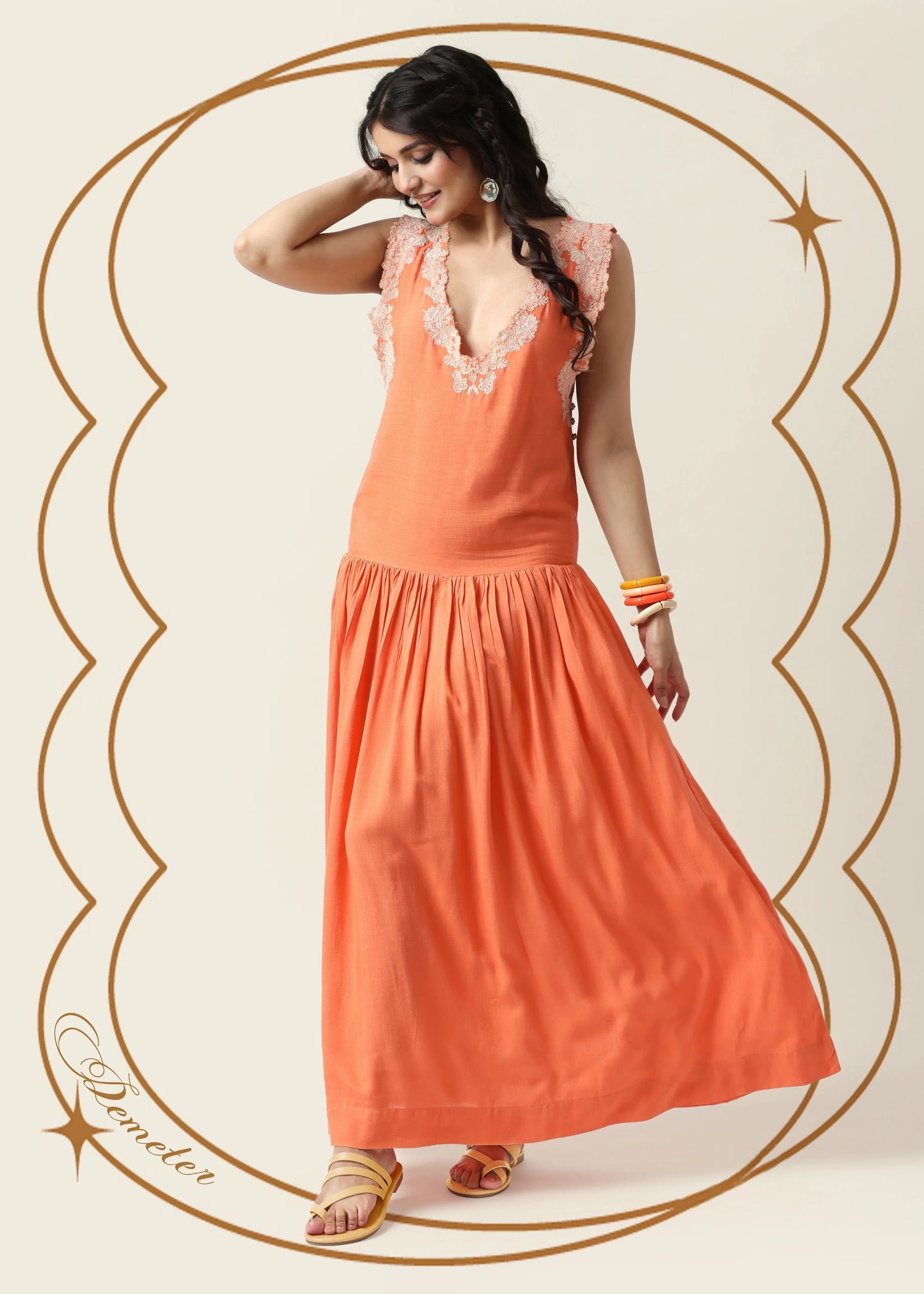 Elegant orange sleeveless robe femme élégante with deep V-neck and delicate beige broderie on shoulders, flowing long ramie. - Robe DEMETER - S - ALTER EGO