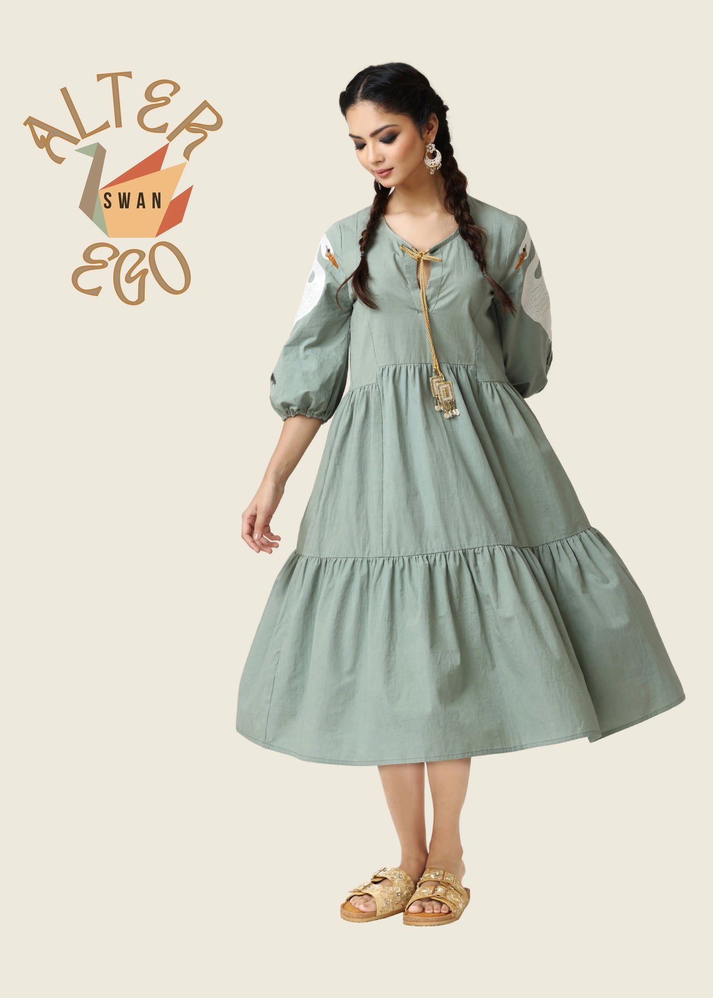 Sage green midi robe femme élégante by ALTER EGO with 3/4 puff sleeves, round neckline, and tiered skirt in style femme. - Robe SWAN - S - ALTER EGO