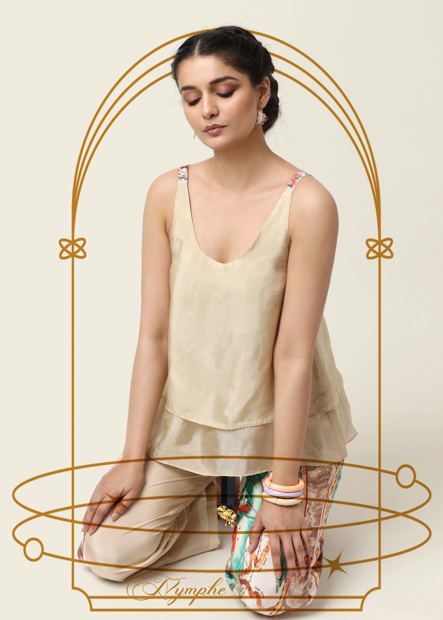 Beige sleeveless silk top with round neckline and delicate floral embroidery, layered ruffle hem, refined boho chic style by . - Top NYMPHE - S - ALTER EGO
