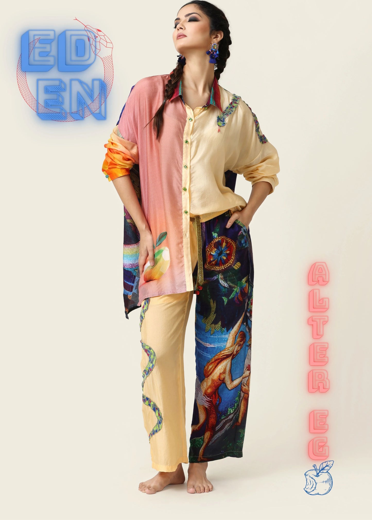 Multicolor flowing Chemise EDEN blouse with artistic floral and celestial prints, long sleeves, relaxed fit, embodying tenue . - Chemise EDEN - XS - ALTER EGO