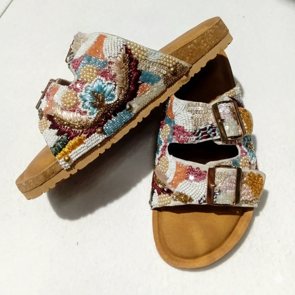 Camel suede sandals with pastel multicolor sequin floral embroidery, double buckle straps, cushioned sole, style femme. - Sandale SEQUIN PASTEL - 36 - ALTER EGO