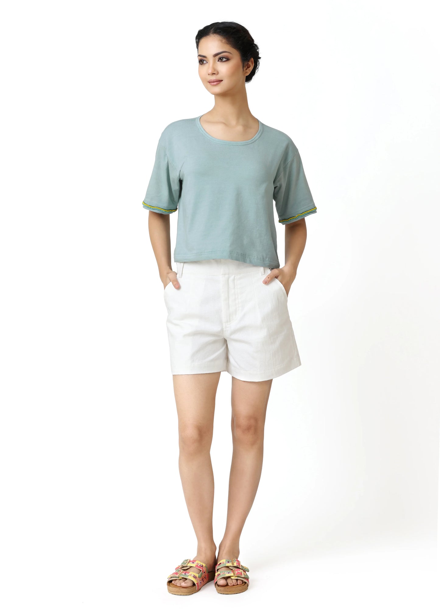 Light teal blue cropped tee-shirt with round neckline and short sleeves, featuring a refined, understated bohemian style. - Tee-shirt HEART - S - ALTER EGO