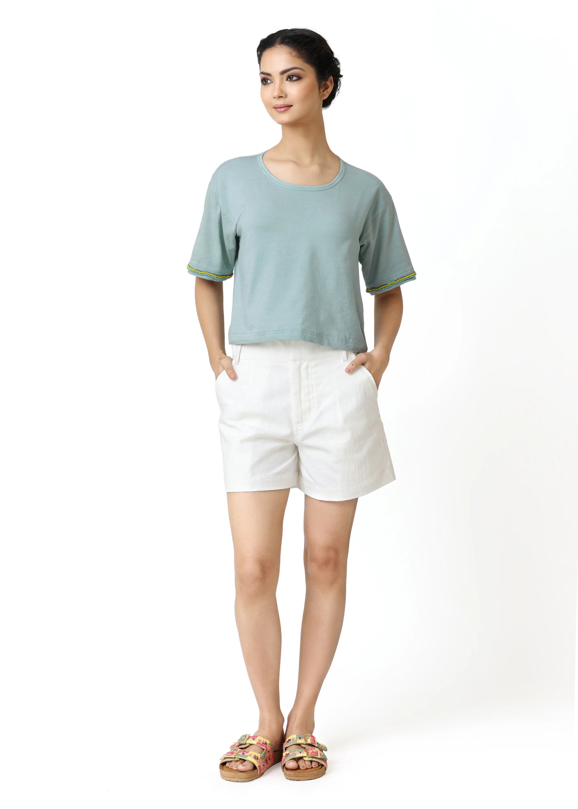Light teal blue cropped tee-shirt with round neckline and short sleeves, featuring a refined, understated bohemian style. - Tee-shirt HEART - S - ALTER EGO