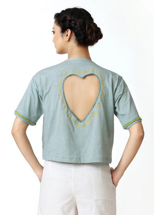 Light teal cropped tee-shirt with round neckline and short sleeves, heart-shaped cutout on back surrounded by yellow. - Tee-shirt HEART - S - ALTER EGO