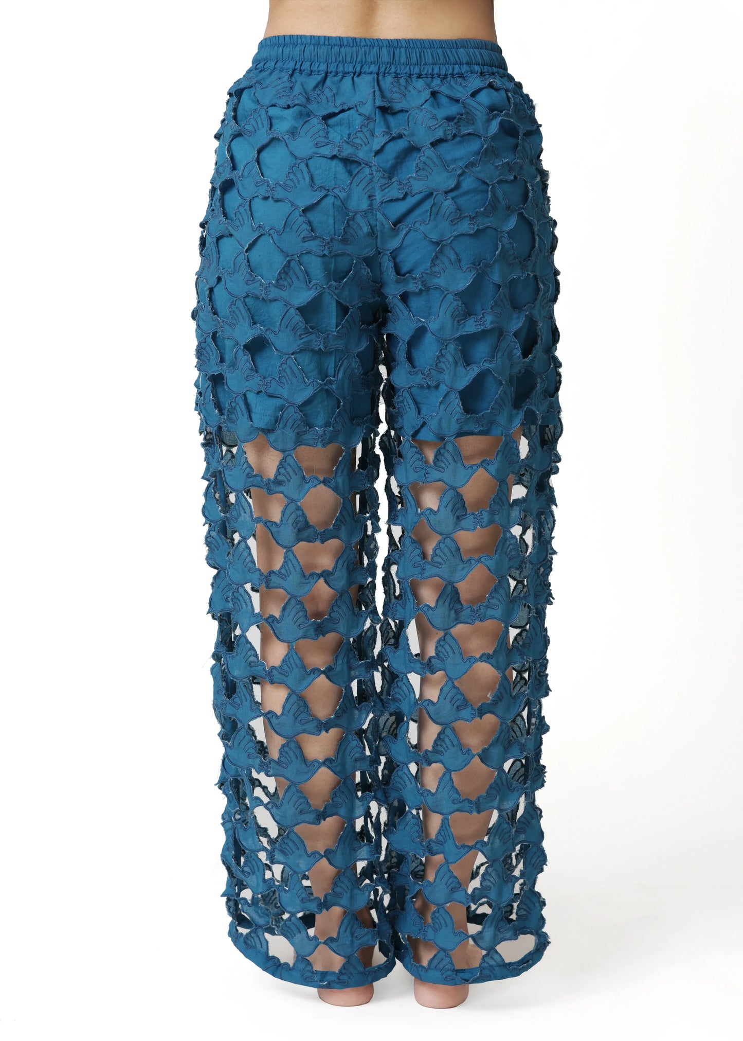 Blue wide-leg pants with textured floral embroidery and elastic waistband, showcasing a refined, trendy design by ALTER EGO. - Pantalon DOVE - S / Bleu - ALTER EGO