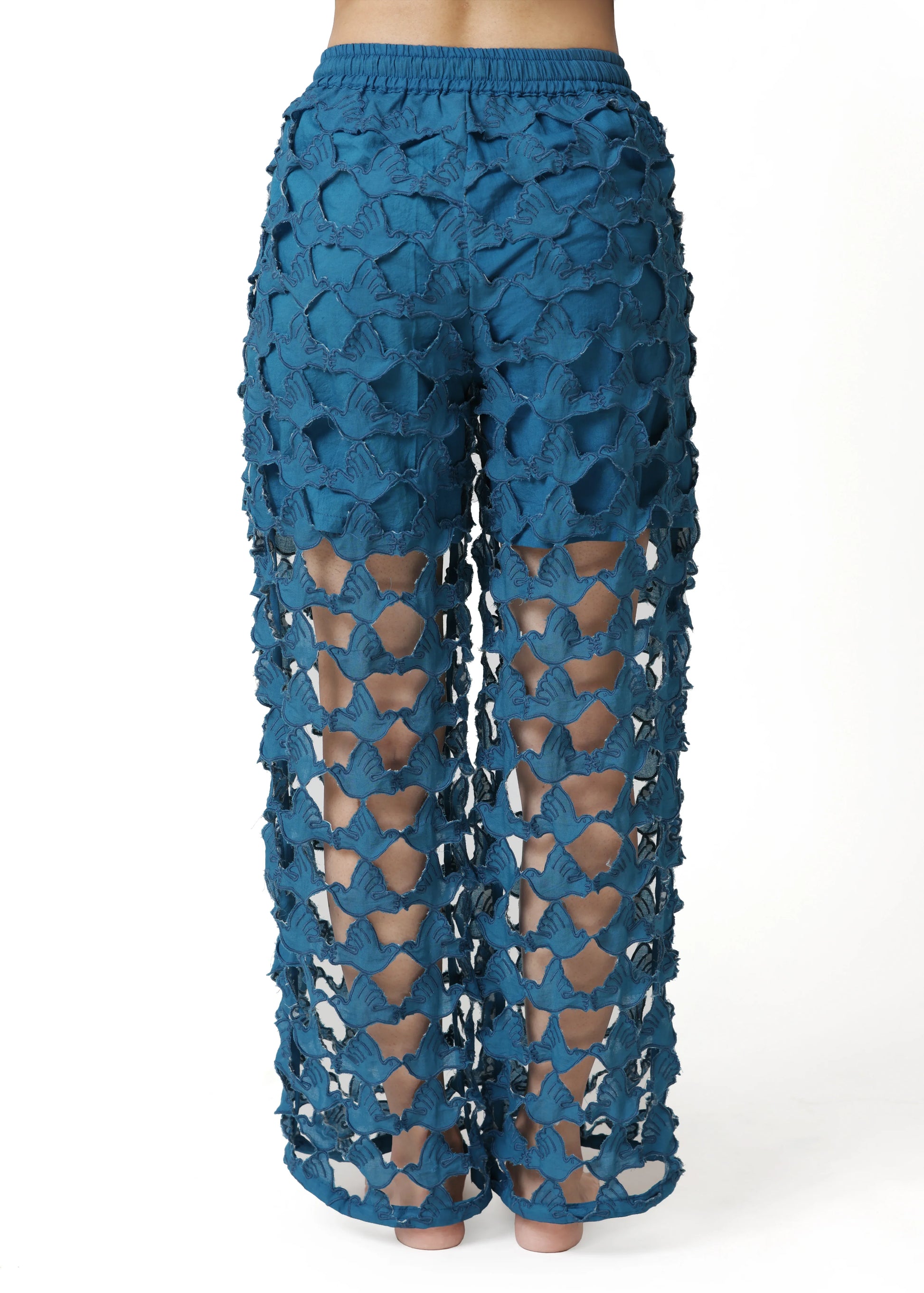 Blue wide-leg pants with textured floral embroidery and elastic waistband, showcasing a refined, trendy design by ALTER EGO. - Pantalon DOVE - S / Bleu - ALTER EGO