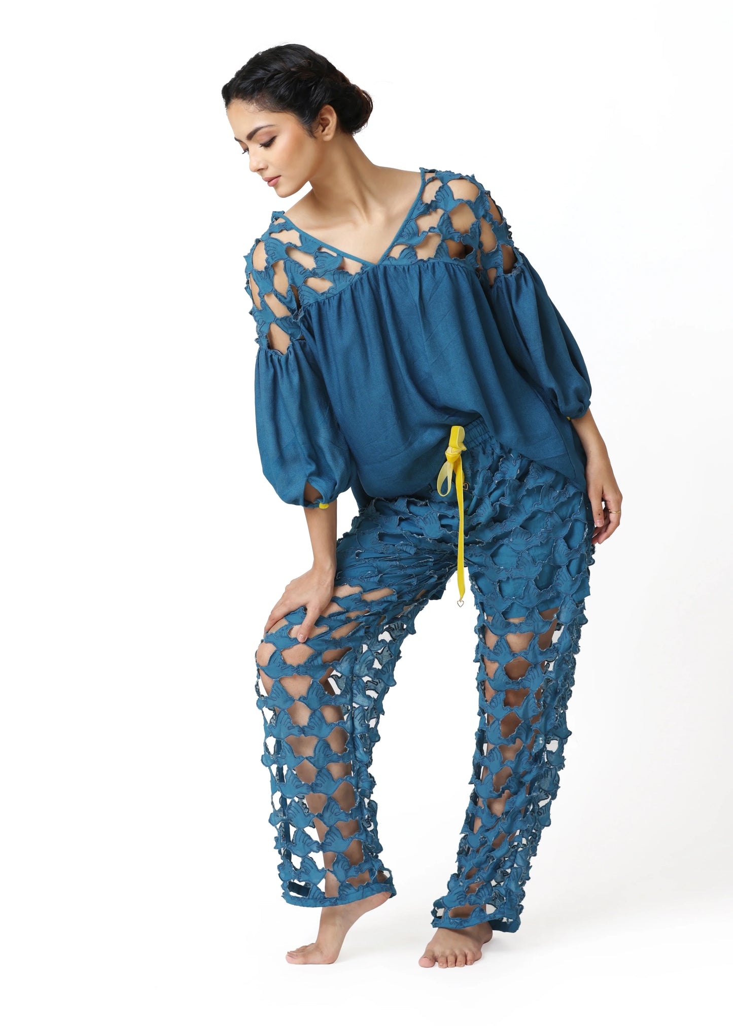 Blue Boheme Chic pants with intricate broderie cutouts, elastic waist, relaxed wide-leg fit from ALTER EGO, style femme. - Pantalon DOVE - S / Bleu - ALTER EGO