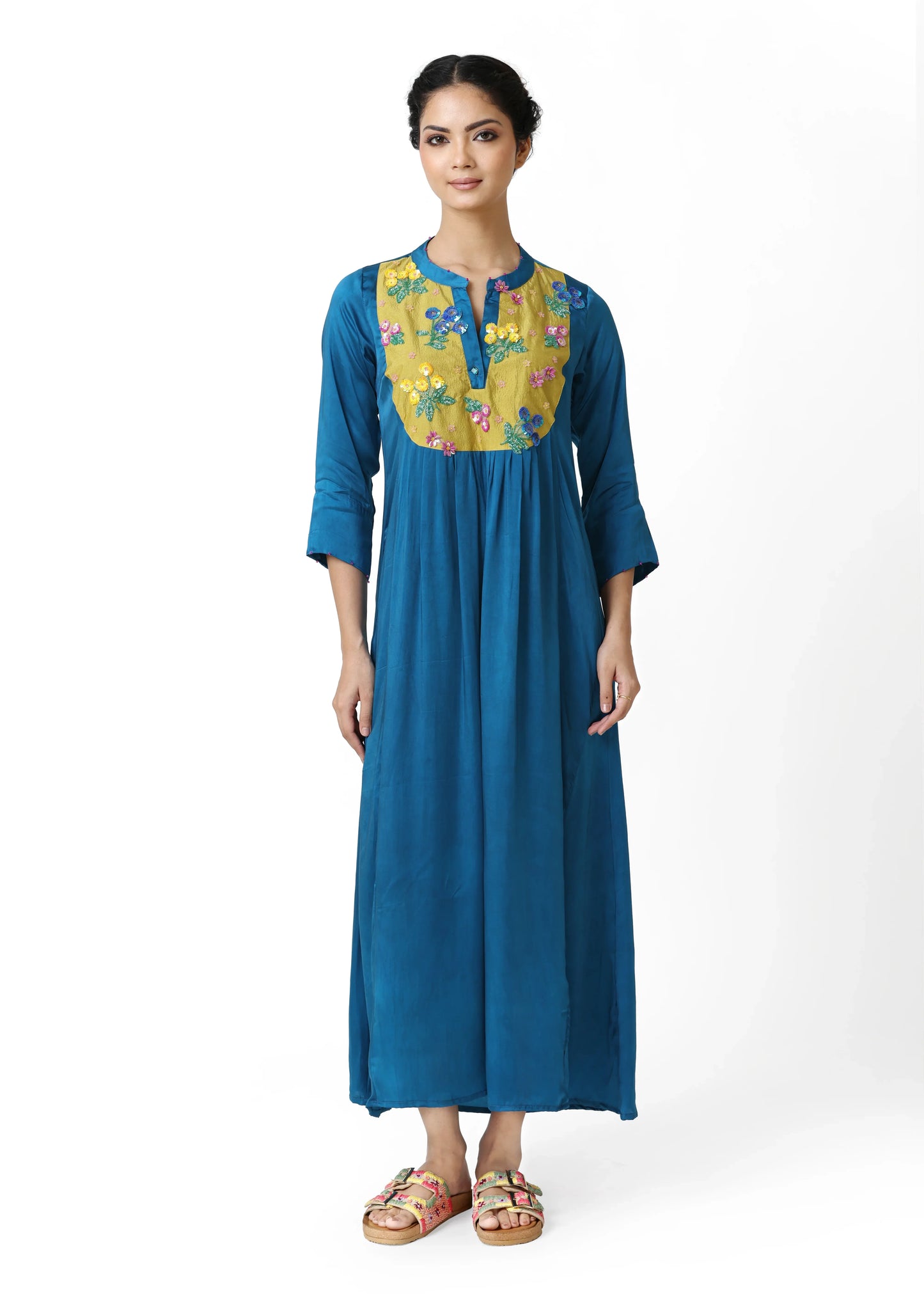 Long blue robe femme élégante with yellow floral embroidery on V-neck plastron, 3/4 sleeves, flowing silhouette, style femme . - Robe Plastron BLOOM - S / Bleu - ALTER EGO