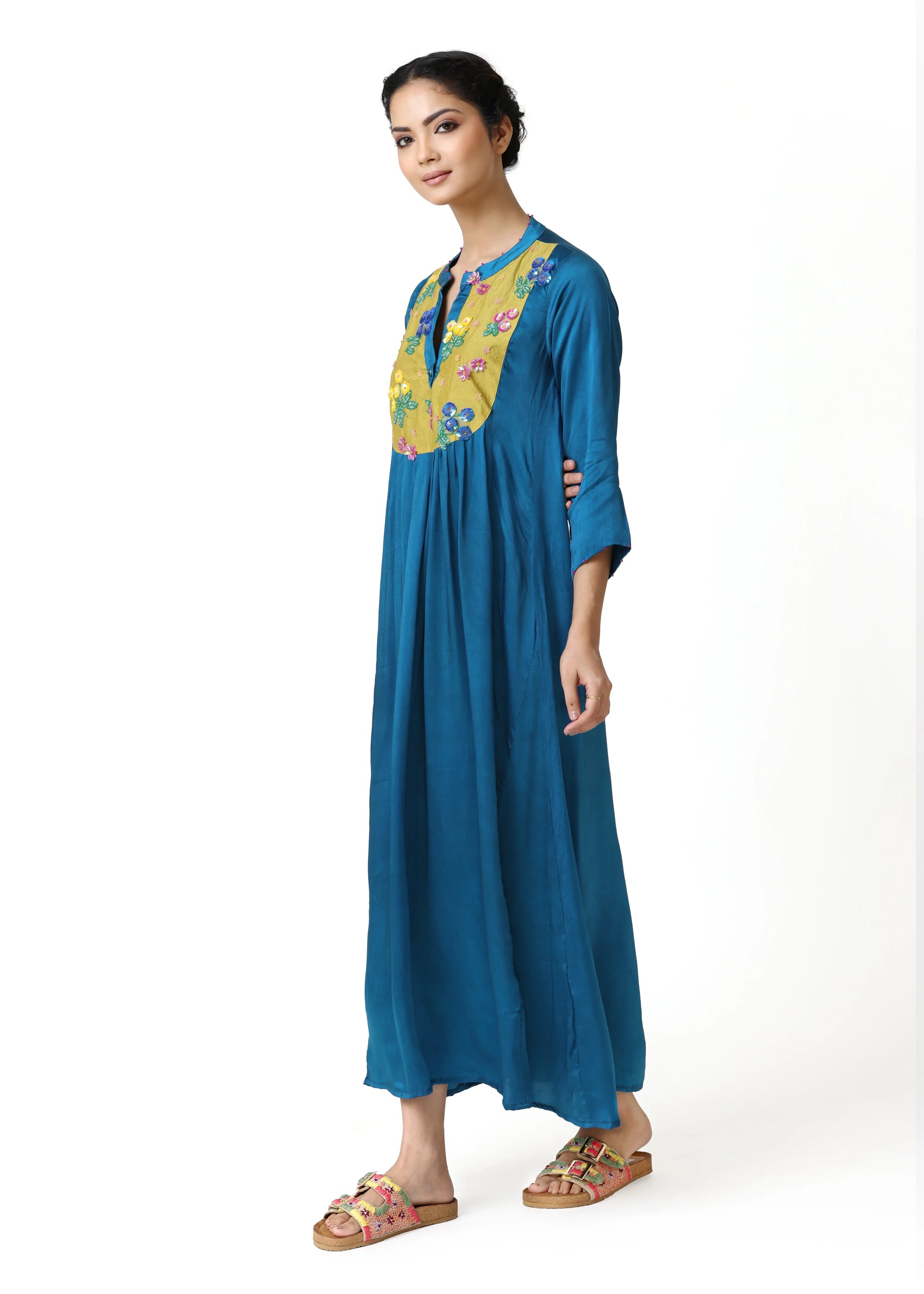 Long blue robe femme élégante with embroidered yellow plastron, 3/4 sleeves, flowing style by ALTER EGO, tenue chic femme. - Robe Plastron BLOOM - S / Bleu - ALTER EGO