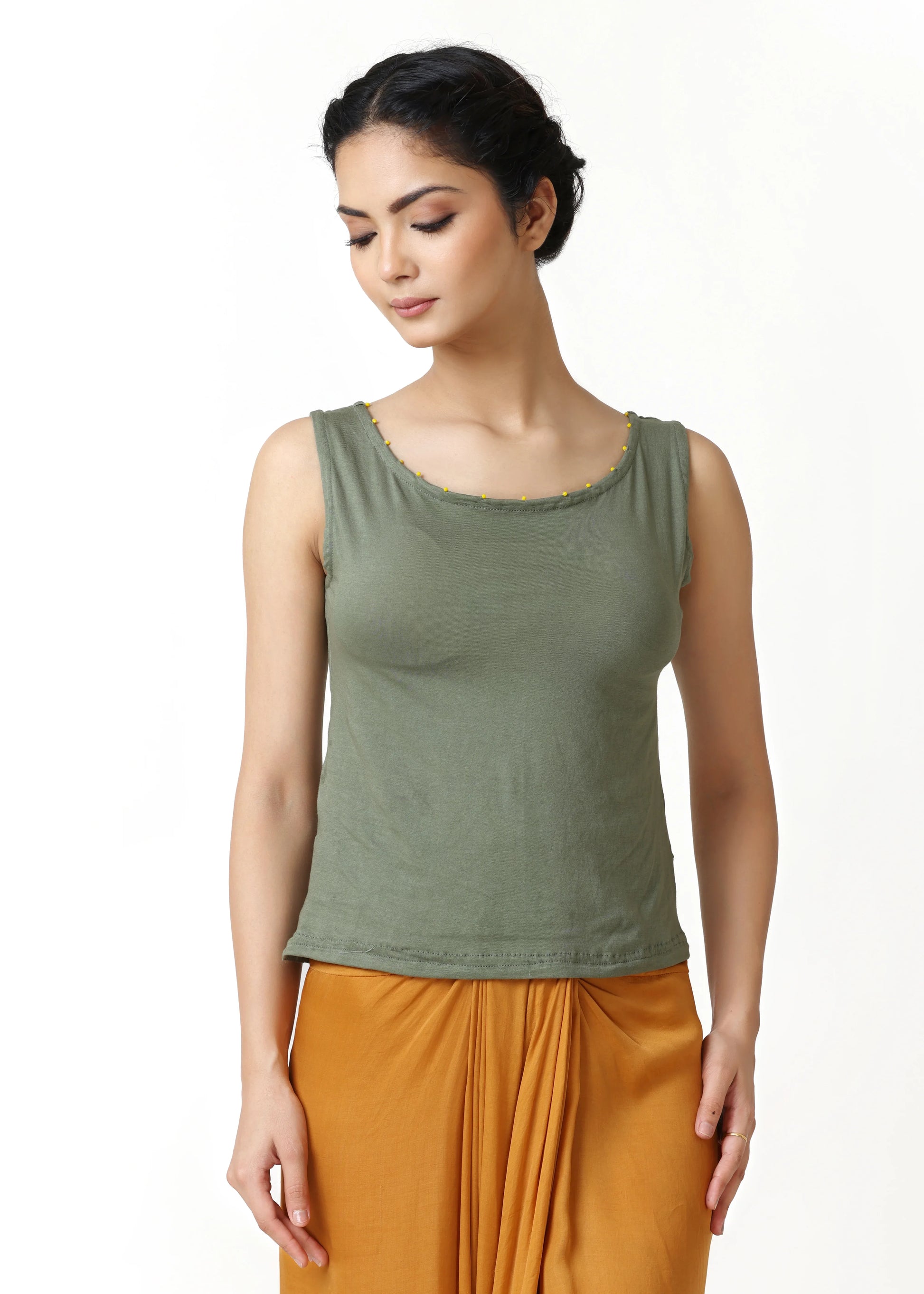 Sage green sleeveless top with round neckline from ALTER EGO, elegant style for robe femme élégante and mode féminine. - Top DOVE - S - ALTER EGO