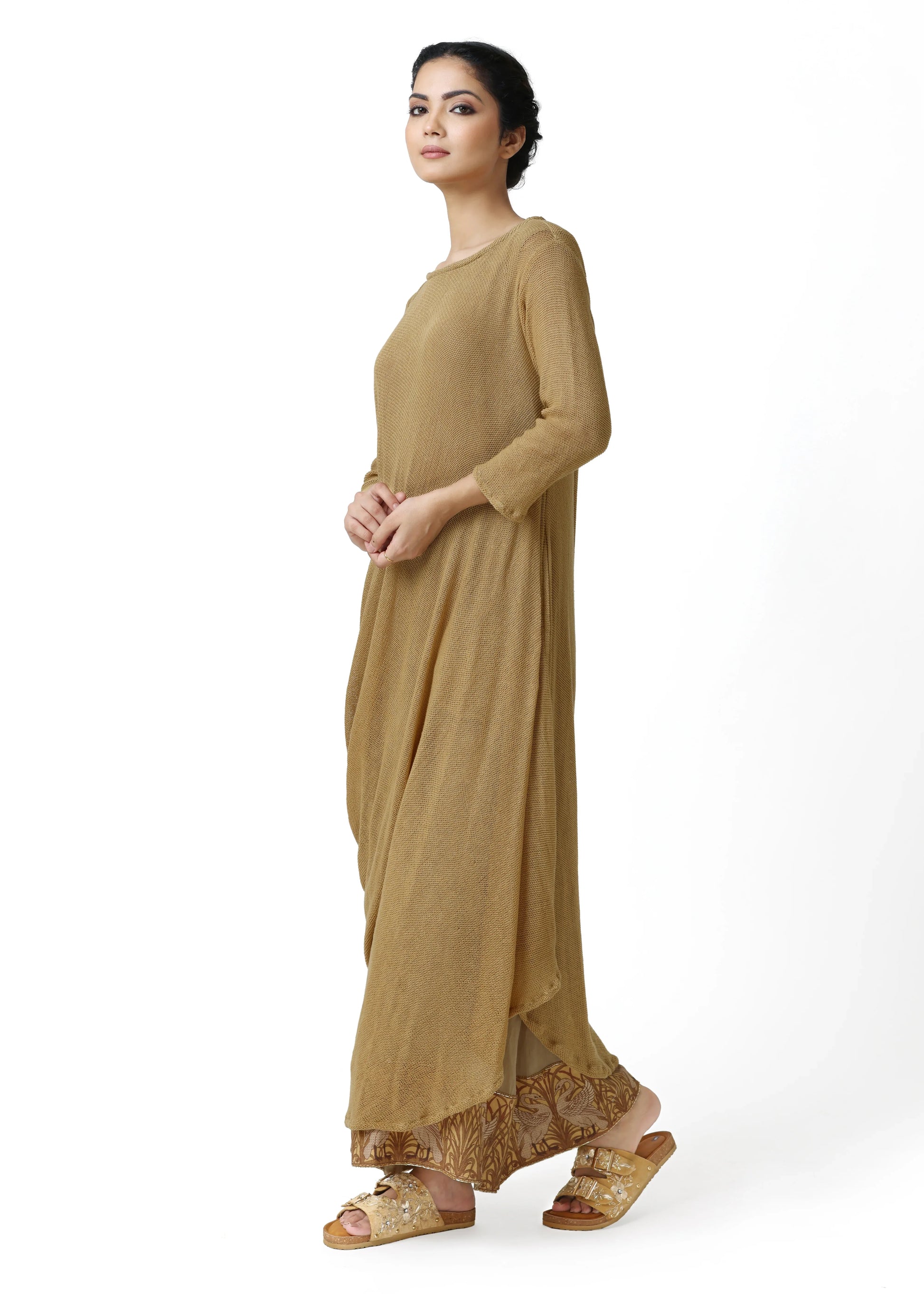 Beige long robe toge with 3/4 sleeves and round neckline, featuring subtle floral embroidery, flowing cotton fabric by ALTER . - Robe toge SWAN - S - ALTER EGO