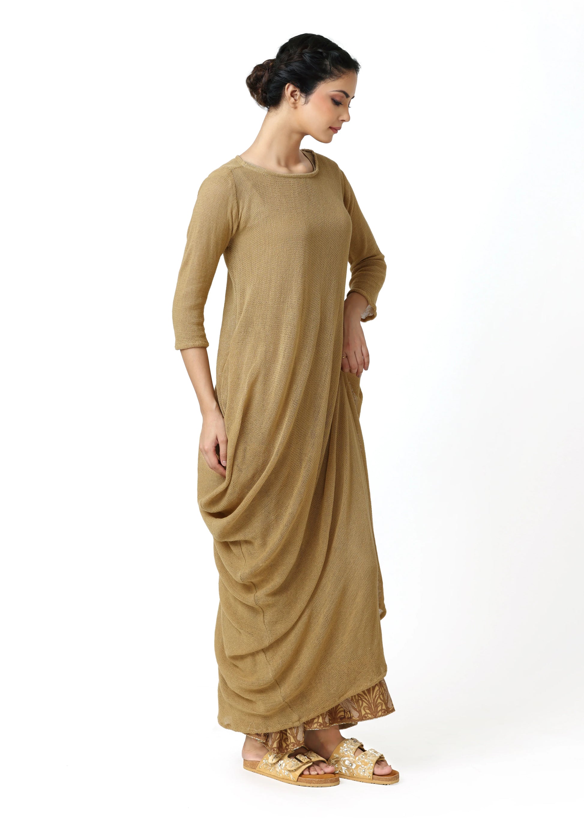 Beige long cotton robe toge with 3/4 sleeves and round collar, embroidered floral details, elegant fit showcasing refined. - Robe toge SWAN - S - ALTER EGO