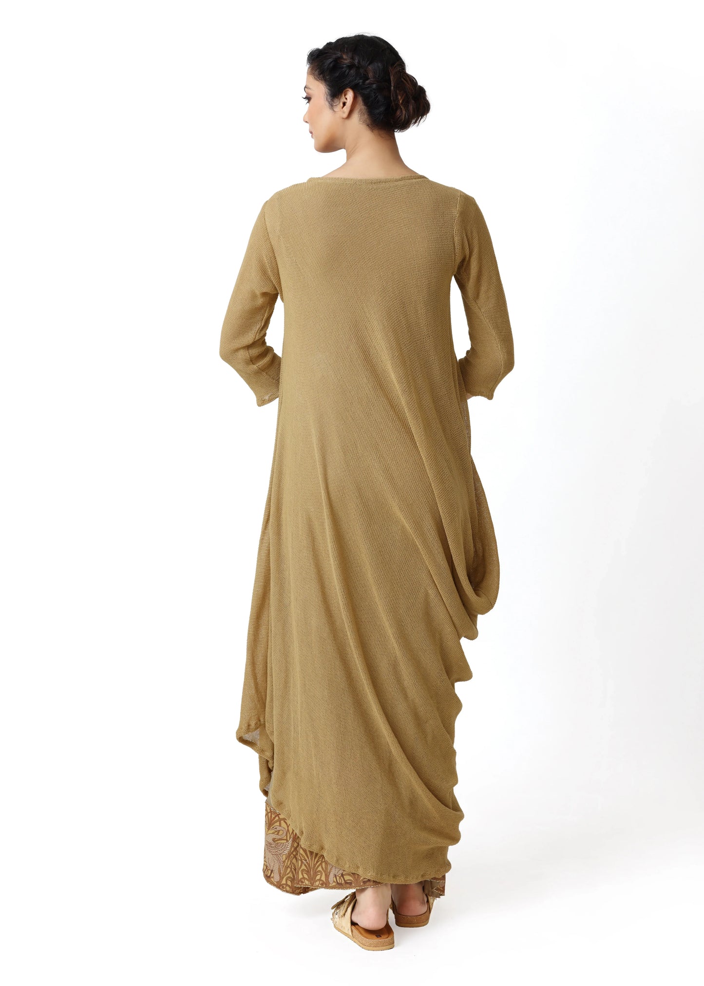 Beige robe toge with 3/4 sleeves, round collar, and flowing silhouette, featuring delicate embroidered floral motifs on the. - Robe toge SWAN - S - ALTER EGO