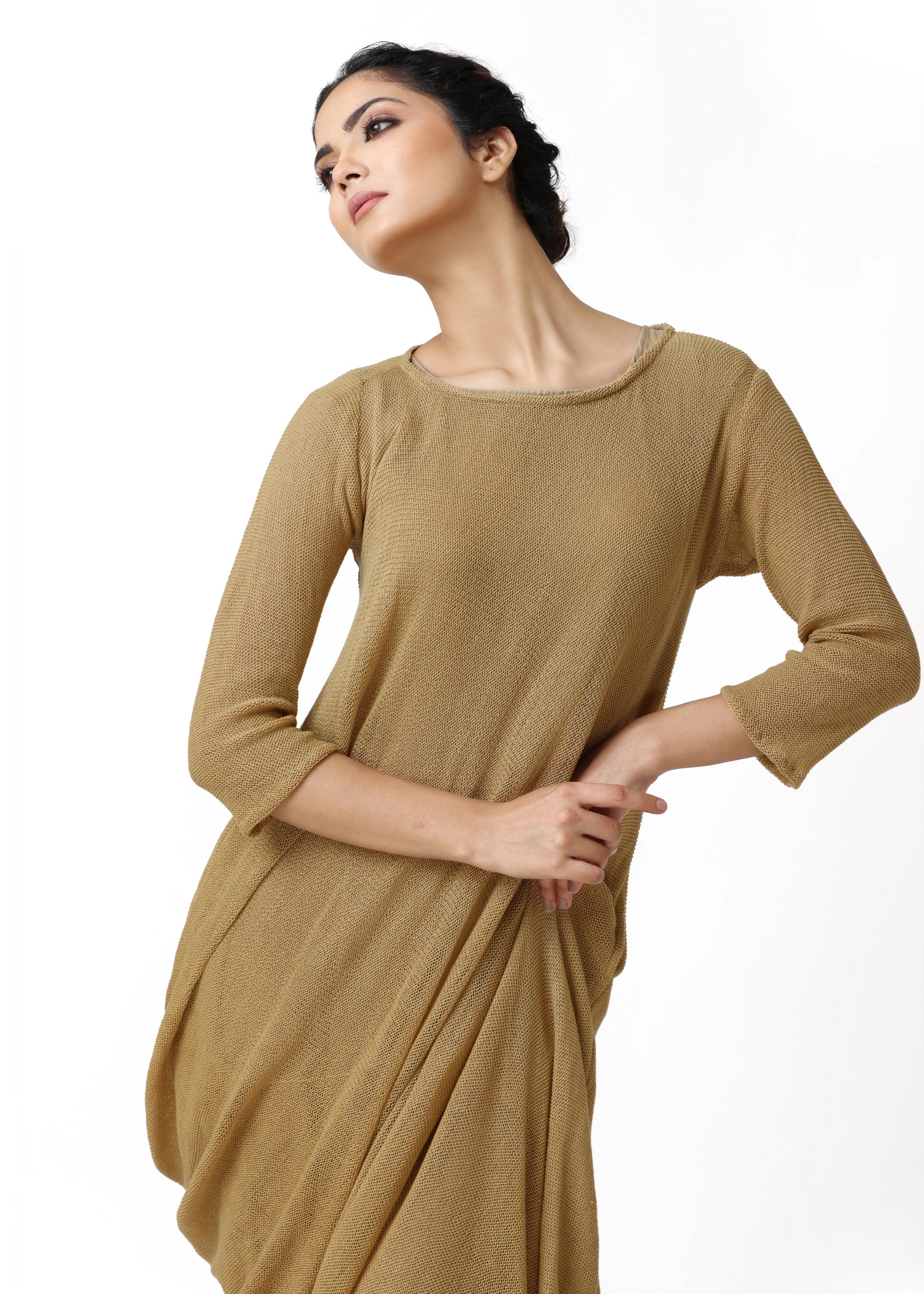 Beige robe toge with 3/4 sleeves and round neckline, featuring subtle vintage floral embroidery, showcasing elegant feminine . - Robe toge SWAN - S - ALTER EGO