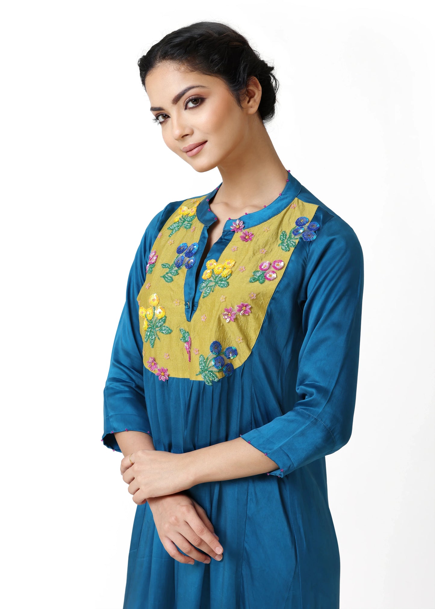 Elegant women's robe femme élégante in deep blue with multicolored floral embroidered plastron, three-quarter sleeves, round . - Robe Plastron BLOOM - S / Bleu - ALTER EGO