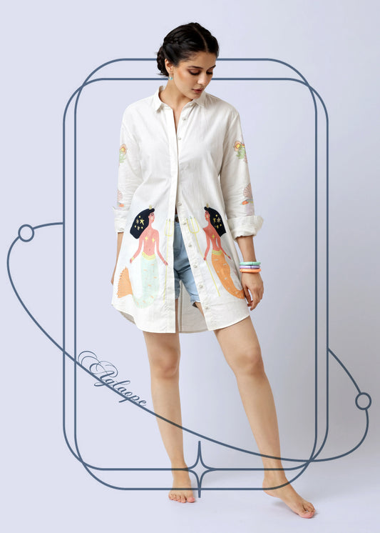 White long-sleeve chemise with colorful shell and mermaid prints, relaxed fit, delicate cotton fabric, embodying robe femme. - Chemise AGLAOPE - S - ALTER EGO