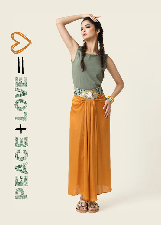 Elegant boho-style Jupe DOVE in flowing saffron silk with embroidered waistband, perfect for robe femme élégante and tenue. - Jupe DOVE - S - ALTER EGO
