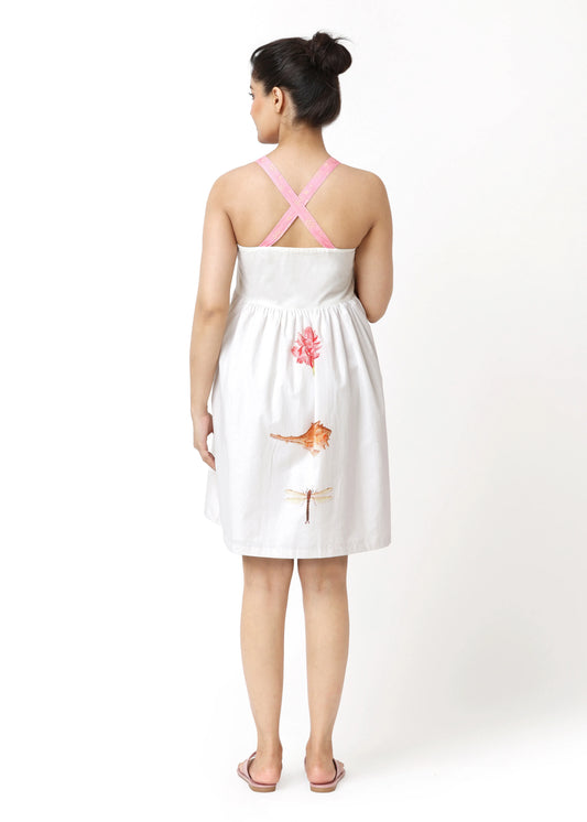 White knee-length robe femme élégante with crisscross thin straps, floral motifs, and a relaxed fit by ALTER EGO. - Robe MEDUSA - S - ALTER EGO