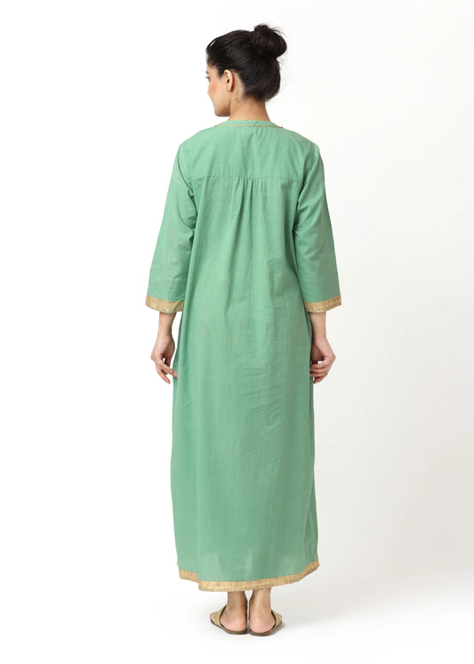 Long sage green cotton robe femme élégante with three-quarter sleeves, gold embroidered trim, and a relaxed boho style by. - Robe PLASTRON SAUGE - S - ALTER EGO