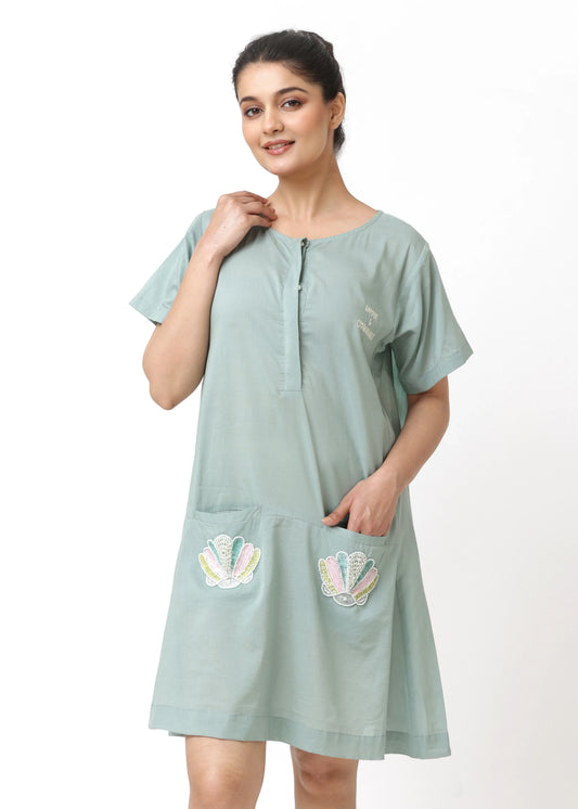 Light sage green short-sleeve robe femme élégante with round collar, front buttons, and embroidered vintage-style pockets by . - Robe VENUS - S - ALTER EGO