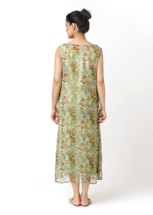 Multicolored floral print sleeveless crepe robe femme élégante by ALTER EGO, robe longue with refined boho style, mode. - Robe CHLORIS - S - ALTER EGO