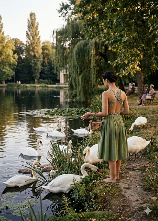 Woman wearing a sage-green sleeveless apron dress with crossed back straps beside a pond. - Robe tablier SWAN - S - ALTER EGO