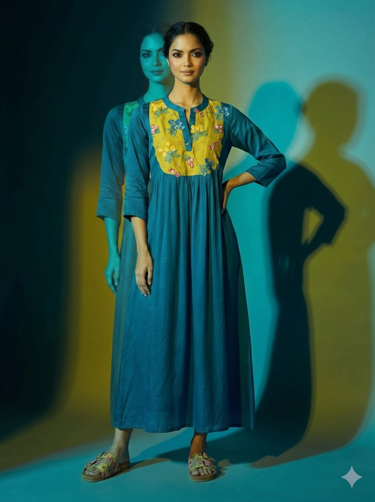 Teal-blue flowing maxi caftan with three-quarter sleeves and a vivid yellow, orange, and blue embroidered neckline, worn. - Robe Plastron BLOOM - S / Bleu - ALTER EGO