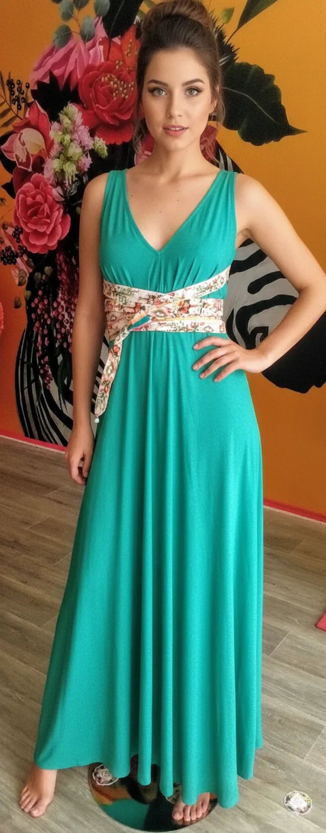 Long emerald green sleeveless robe femme élégante with deep V-neck and floral embroidered waist belt, flowing cotton fabric, . - Robe CALLIOPE - Taille unique / VERT D'EAU - ALTER EGO