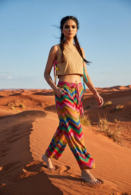 Woman wearing flowing multicolored chevron-print wide-leg pants with an elastic waist in a sunlit desert. - Pantalon ZIG ZAG - S - ALTER EGO