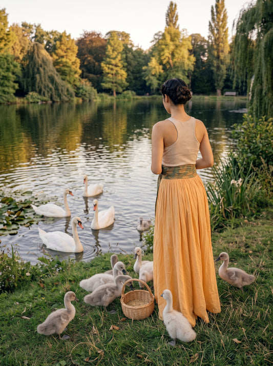 Woman in a flowing orange maxi skirt stands beside a lakeside, with a tied waist and swans nearby. - Jupe SWAN - S - ALTER EGO