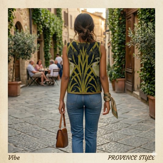 Sleeveless navy vest with bold sage-green botanical embroidery, worn with jeans for a refined bohemian look. - Gilet SWAN - S - ALTER EGO