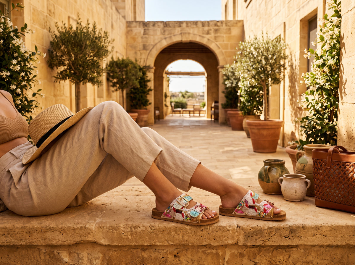 Multicolor sequin sandals with flat soles and slim straps, worn with beige trousers in a sunlit stone courtyard. - Sandale SEQUIN MULTICOLORE - 36 - ALTER EGO