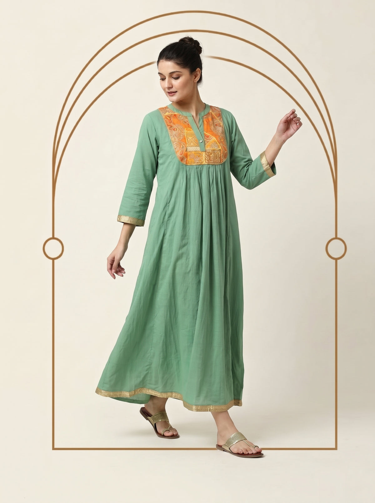 Sage green flowing maxi caftan with three-quarter sleeves, gold embroidered V-neck bodice, and patterned hem. - Robe PLASTRON SAUGE - S - ALTER EGO