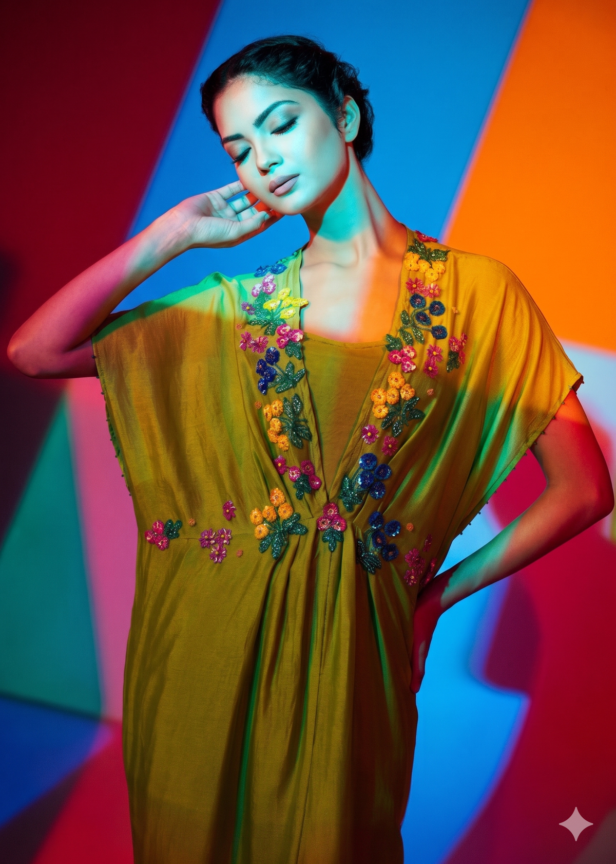 Olive-green caftan with a flowing draped silhouette, V-neck, and colorful floral embroidery along the neckline and bodice. - Caftan BLOOM - S - ALTER EGO