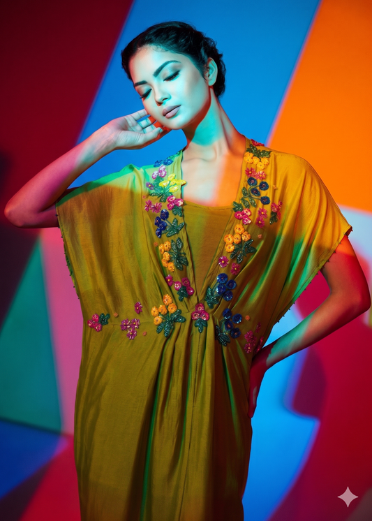 Olive-green caftan with a flowing draped silhouette, V-neck, and colorful floral embroidery along the neckline and bodice. - Caftan BLOOM - S - ALTER EGO