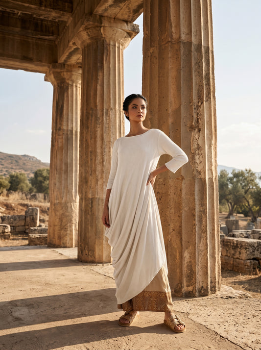 Ivory-white toga-style maxi dress with a draped asymmetrical hem and flowing three-quarter sleeves, worn among ancient stone - Robe toge OFF WHITE SWAN - S - ALTER EGO