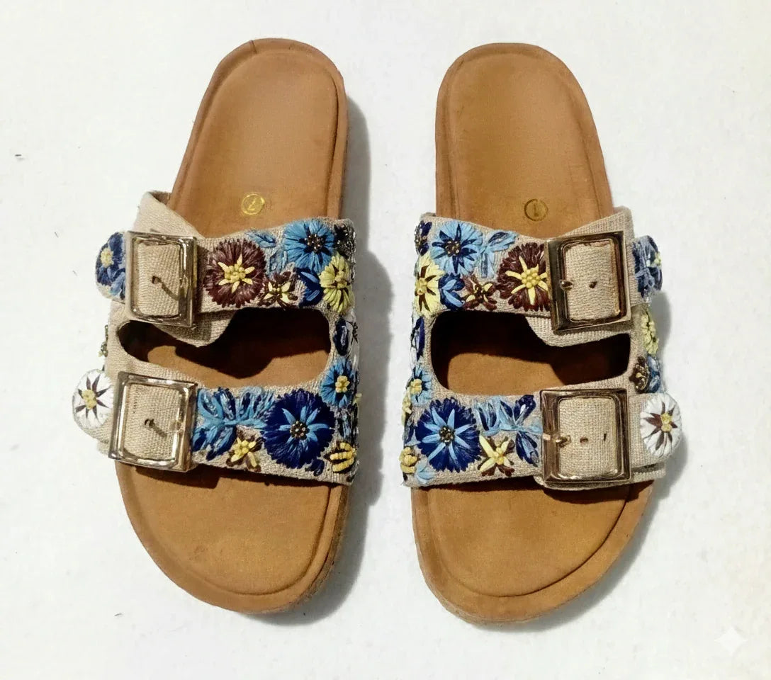 Camel leather sandals with blue and yellow floral embroidery, double buckle straps, elegant boho style by ALTER EGO, perfect . - Sandale BLUE - 36 - ALTER EGO