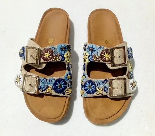 Camel leather sandals with blue and yellow floral embroidery, double buckle straps, elegant boho style by ALTER EGO, perfect . - Sandale BLUE - 36 - ALTER EGO