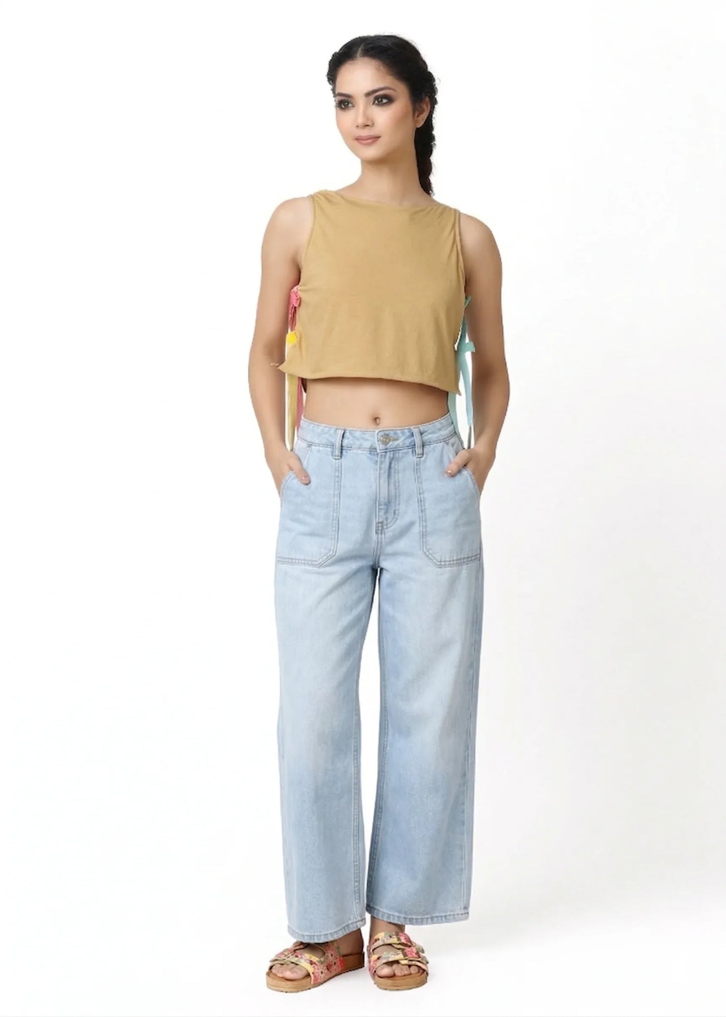 Beige sleeveless crop top with side tie detail, paired with light blue high-waisted wide-leg jeans, showcasing style femme. - Top ZIG ZAG - S / Zig Zag Pastel - ALTER EGO