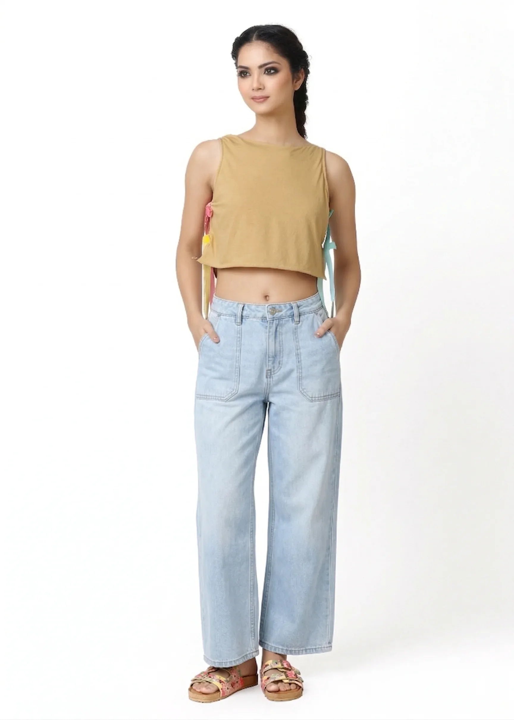 Beige sleeveless crop top with side tie detail, paired with light blue high-waisted wide-leg jeans, showcasing style femme. - Top ZIG ZAG - S / Zig Zag Pastel - ALTER EGO